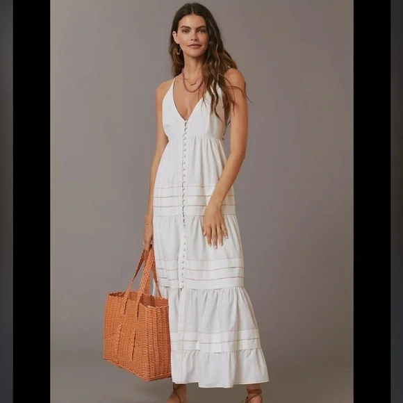 Anthropologie | Dresses | Anthropologie Maeve Deep Vneck Tiered Halter Dress  | Poshmark